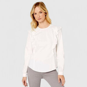 BLDWN Tailored White Cotton Classic Pia Long Sleeve Ruffled Blouse Women's sz XL